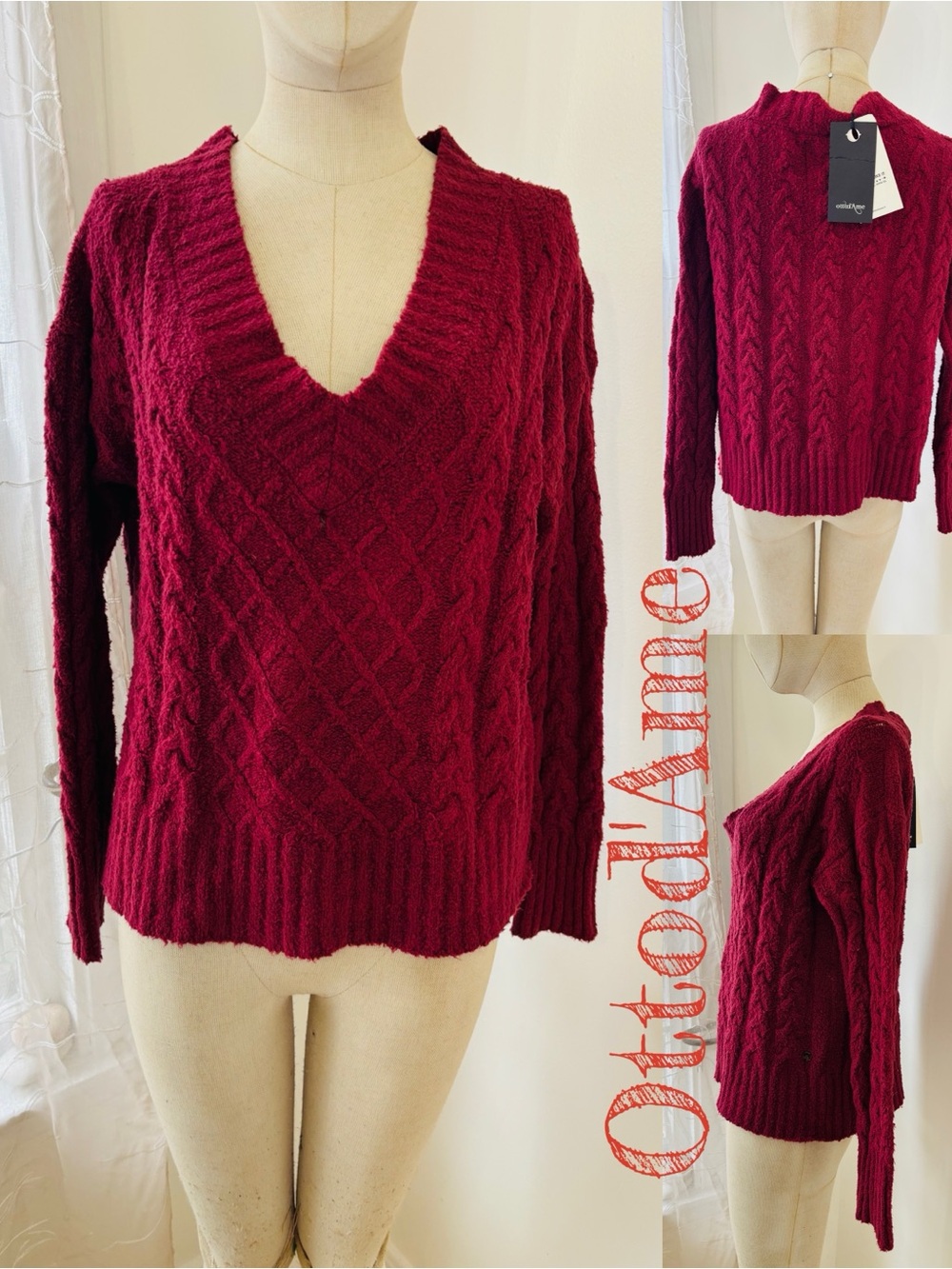 Ottod'Ame Deep Red V-Neck Cable Knit Sweater